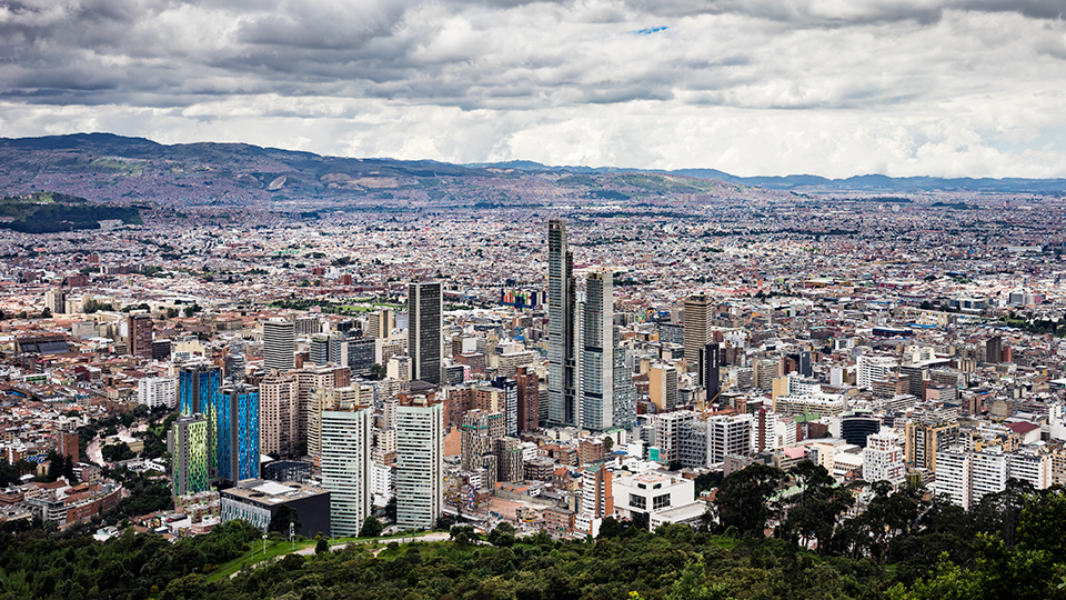 Downtown views from the path leading up to the summit of Cerro Monserrate in Bogotá.