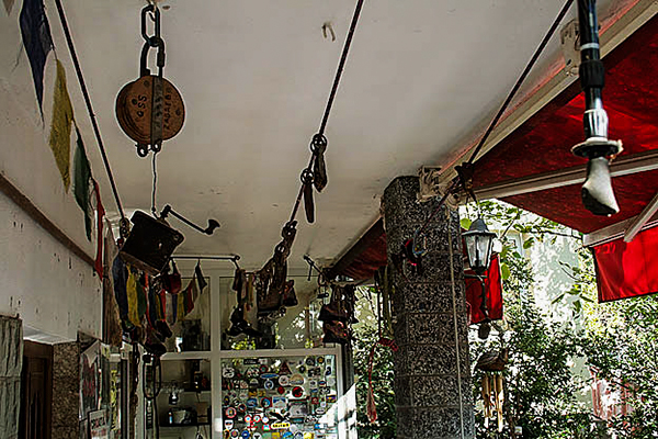 A museum of old climbing gear hangs in Dinko's outdoor patio!