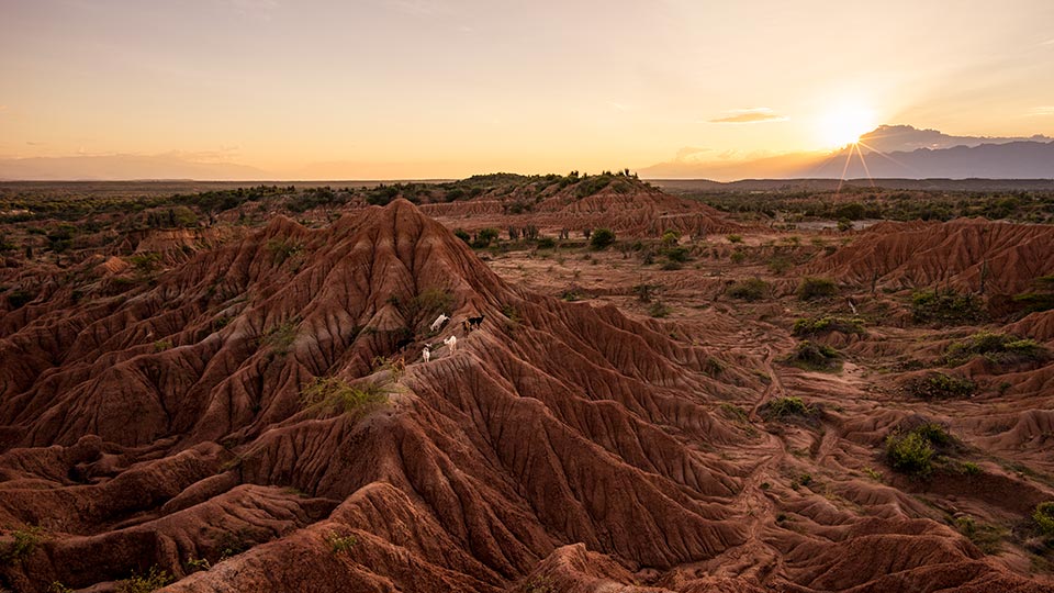 The sun casting it's red hues over Zona Roja in the Tatacoa Desert, Colombia.