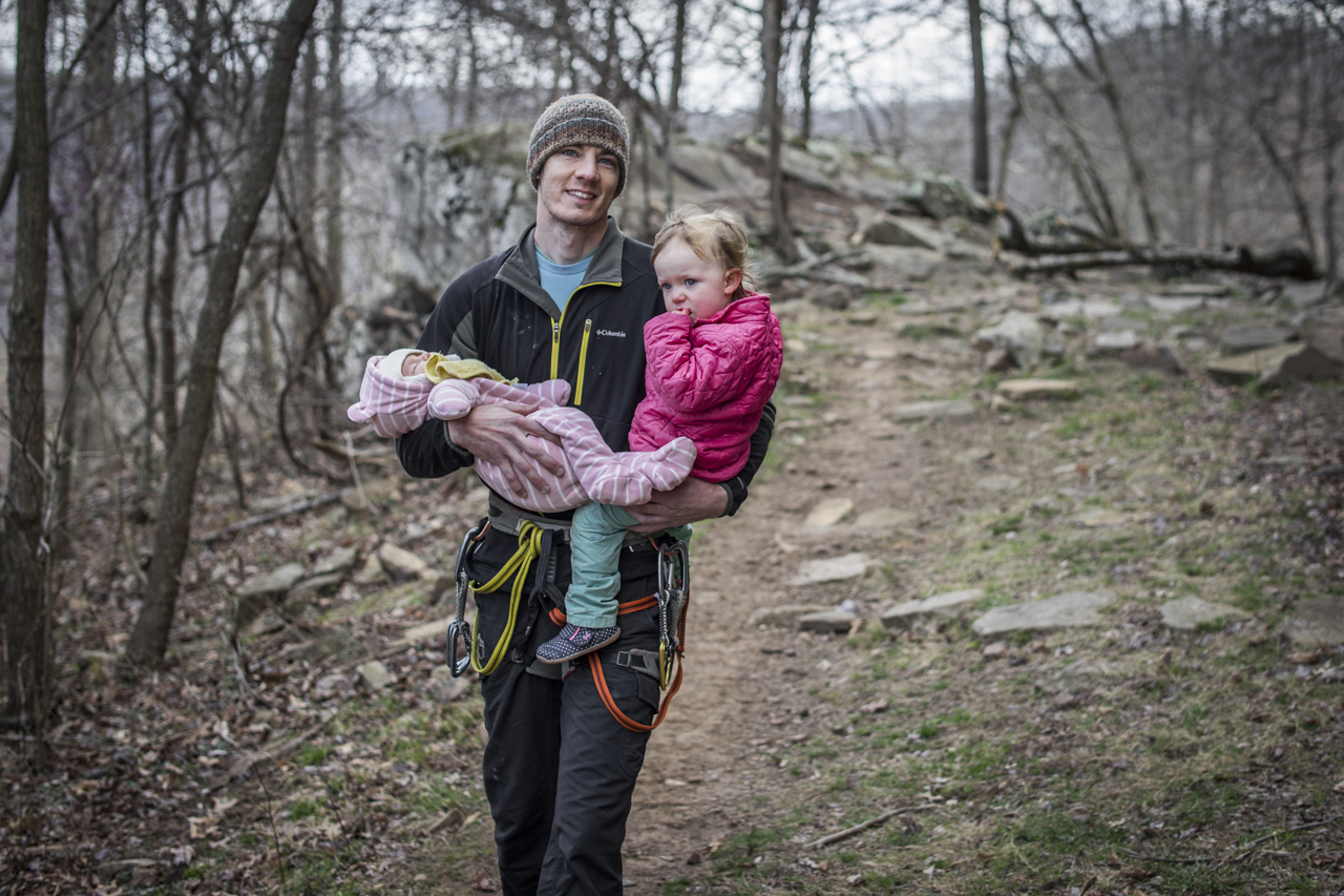 Clint Super Dad carrying both Hannah and Hillary