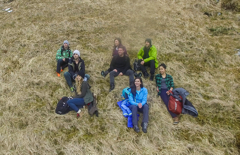 About halfway through the traverse, we paused for a snack and then Raphael got a shot with the drone of us all sitting together.