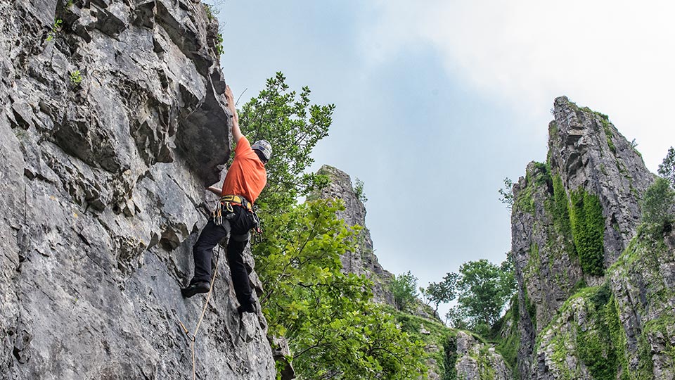 Climbing in the Cheddar Gorge, England.