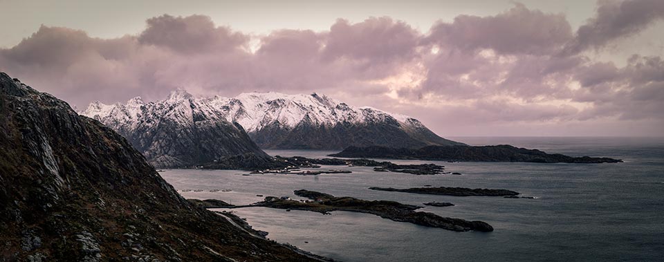After exploring around Solbjørnvatnet, I decided to traverse the mountainside before heading back to the boxcar and found this nice view looking further north into the islands.